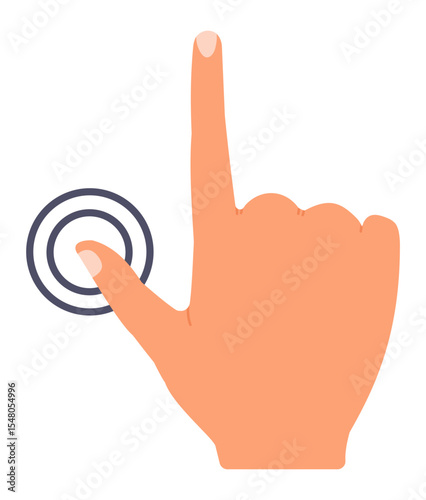 Cartoon hand using index finger touching or pointing blank digital touchscreen, activating futuristic interactive technology, virtual reality interface or modern user experience