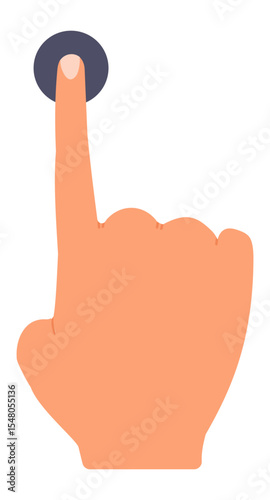 Cartoon hand with an extended index finger pressing a round button, representing interaction and selection on a clean, minimal background, emphasizing digital communication and activation