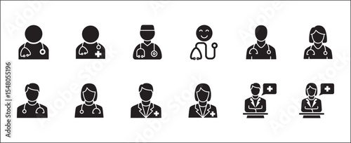Doctor icons collection. Healthcare doctor icon set. Health consulting symbol. Icon symbol compatible for clinic, hospital, nurse, health consulting, consultation, staff. Vector illustration
