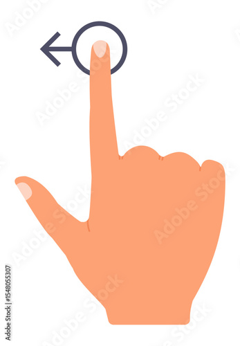 Human hand with index finger touching a digital touchscreen and swiping to the left, indicating a gesture based interaction with a technological device