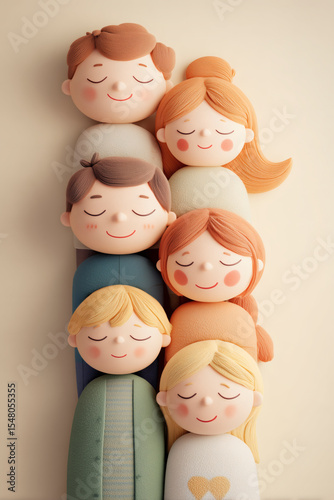 Stylized cartoon family portrait, whimsical and serene, with eyes closed in peaceful contentment.