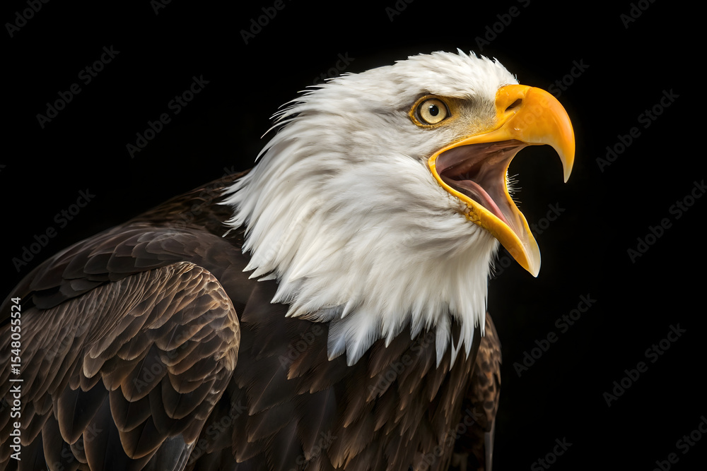 Obraz premium Bald Eagle with Open Beak Screaming Portrait | Close-Up of Majestic American Symbol for Conservation, Wildlife Education and Patriotic Design