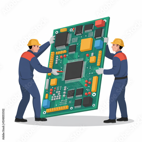 Two technicians carefully handle a large circuit board showcasing intricate electronics components and advanced technology.