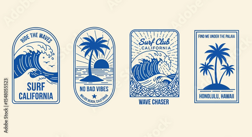 Retro Surf California Wave Ocean Palm Tree Vintage Summer Beach Badge Designs