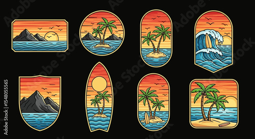 Tropical Island Sunset Patches  Vintage Surf & Beach Illustrations - Perfect for Apparel, Prints & More