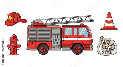 Fire Truck, Firefighter Helmet, Hydrant, Cone, Hose Emergency Vehicle Clipart Illustration