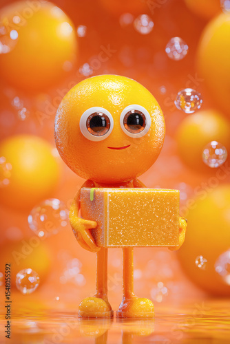 Cartoon orange character with oversized eyes carrying a square box in an orange environment with bubbles.