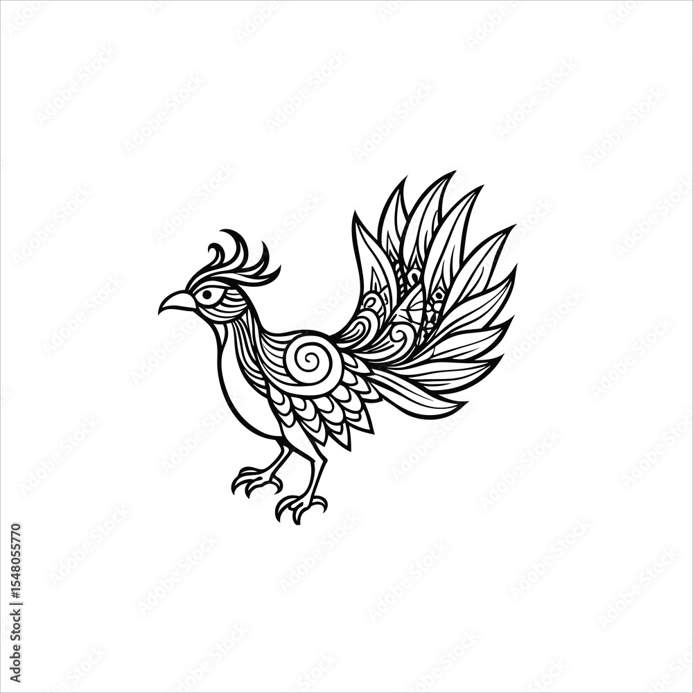 Fototapeta premium Ornate black and white bird illustration with detailed feather design