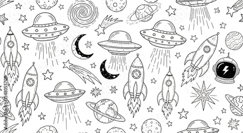 Cosmic Doodle Pattern Seamless Space Rockets, UFOs, Planets, and Stars Background Illustration