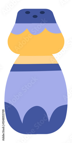 Salt shaker featuring a vibrant blue cap and a bright yellow body, positioned against a clean white background. Simple flat design perfect for food and cooking projects