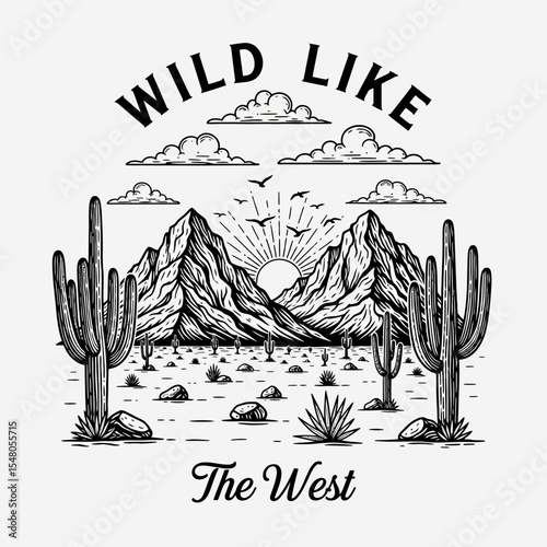 Wild Like The West Hand-Drawn Desert Landscape Illustration