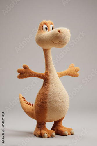 Friendly dinosaur character with soft fur and welcoming pose, isolated on clean, solid background.