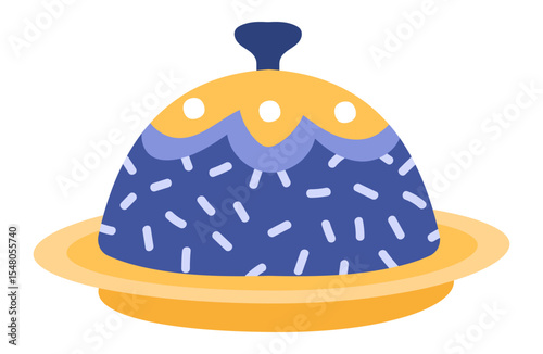 Cartoon styled covered serving dish with blue body and gold lid and plate, decorated with white sprinkles and dots, isolated on white background