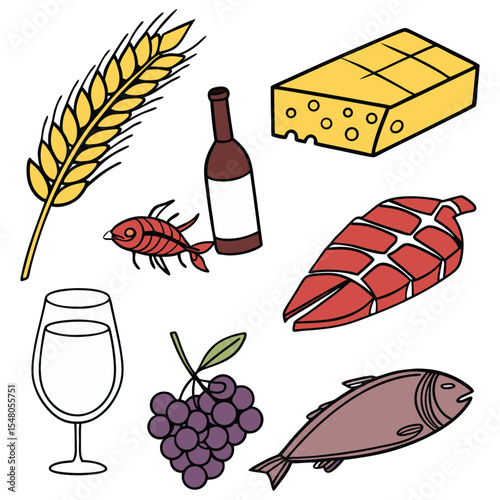 Food cartoon vector icon set. Ear of wheat, milk, meat, fish, cheese, grapes, chocolate, glass of wine
