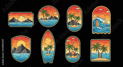 Sunset Beach Island Tropical Summer Ocean Surf Vintage Badge Patches