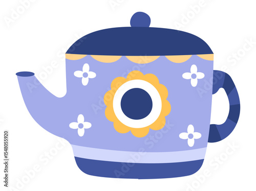Lovely purple teapot with a dark blue lid, decorated with small white flowers and a large yellow flower, stands ready to be filled with hot water and used for making tea