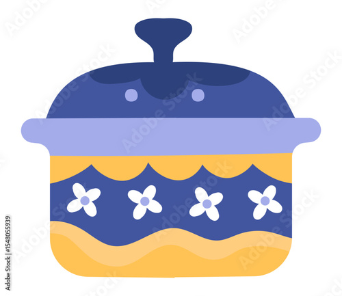 Colorful illustration of a blue and yellow cooking pot featuring a floral decoration and a lid, ideal for representing cooking, kitchenware, or homemade meals