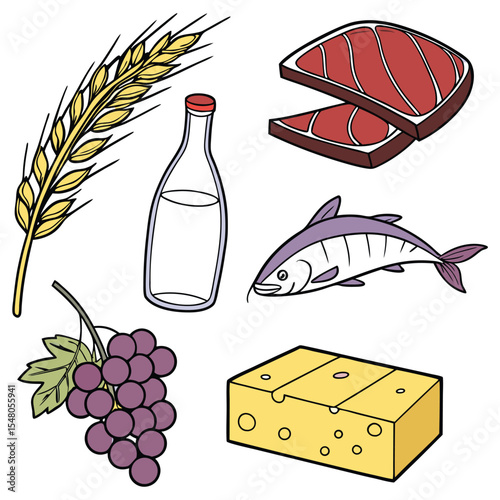 Food cartoon vector icon set. Ear of wheat, milk, meat, fish, cheese, grapes, chocolate, glass of wine
