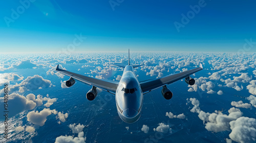 Commercial airplane soaring above the clouds over the ocean, captured in mid-flight with a clear blue sky backdrop.