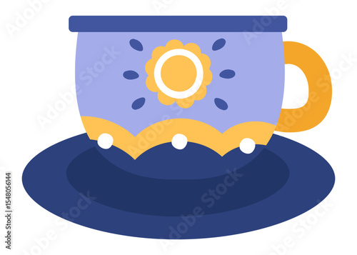 Purple teacup featuring a vibrant yellow handle and cheerful sun decor, resting gracefully on a saucer, embodying the essence of cozy breakfasts and cherished tea time rituals