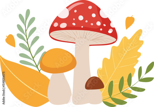 Set hand drawn autumn different mushrooms and plants. Cute wild forest fungus. Autumn stickers. Flat design. Vector illustration.leaf, children, colourful, doodle, graphic, poster, print, sticker,