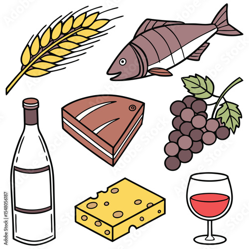 Food cartoon vector icon set. Ear of wheat, milk, meat, fish, cheese, grapes, chocolate, glass of wine

