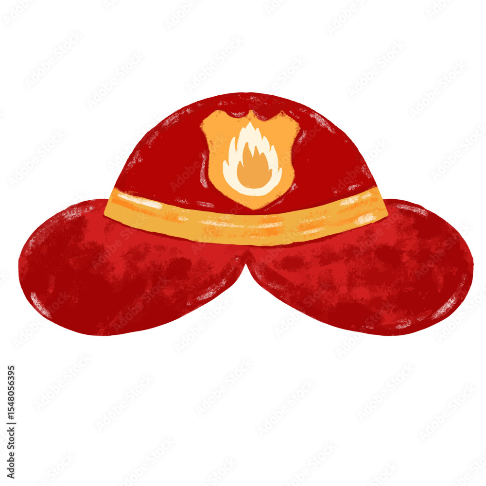 Fototapeta premium Cute hand drawn red firefighter fireman safety hat cap helmet doodle kids watercolor crayon illustration fire engine truck fireman firefighter rescue team 911 element clipart png