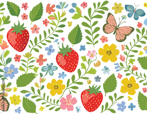 Springtime cute seamless pattern with hand drawn beautiful flowers, wildflower, strawberry, butterfly, leaves and herb. Floral summer background. Vintage romantic print.abstract, art, illustration, 