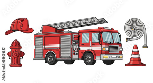 Firetruck, Firefighter Equipment, and Safety Icons Vector Illustration