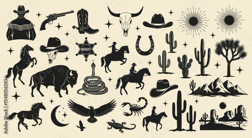 Vintage Western Icons Cowboy, Horses, Cactus, Desert, and Wild West Illustrations