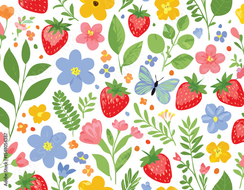 Springtime cute seamless pattern with hand drawn beautiful flowers, wildflower, strawberry, butterfly, leaves and herb. Floral summer background. Vintage romantic print.abstract, art, illustration,