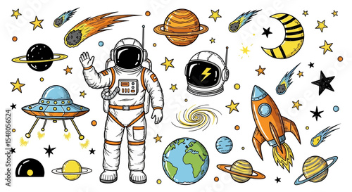 Astronaut, Planets, Stars, Rockets, UFOs Hand-Drawn Space Exploration Illustration Set