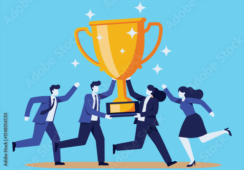 Celebrating business success, teamwork triumph, and achievement recognition; top performers winning a golden trophy; corporate team collaboration for victory