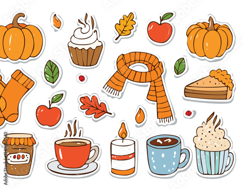 Autumn hand drawn sticker set. Cozy hygge fall icons. Scarf, candle, hot chocolate, socks, pie, pumpkin spice latte, mug, jam, leaves, mushroom. Cute autumn doodle. october, acorn, art, illustration, 