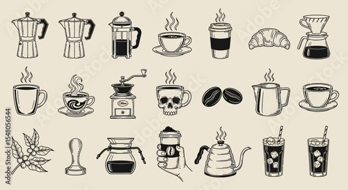 Vintage Coffee Shop Illustrations Line Art Collection of Coffee Makers, Cups, Beans, and More