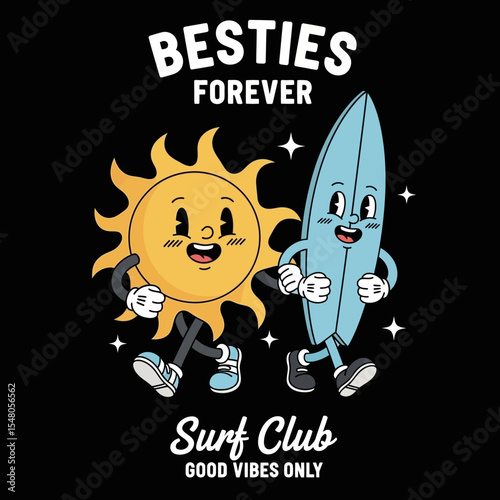 Best Friends Forever Surf Club Sun and Surfboard Cartoon Illustration