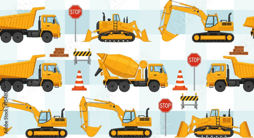 Construction Vehicles Seamless Pattern Excavators, Dump Trucks, and Cement Mixers Illustration