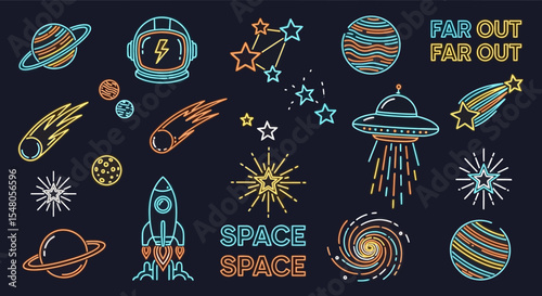 Cosmic Collection Retro Space Illustrations, Planets, Stars, Rockets, and UFOs - Vector Graphics