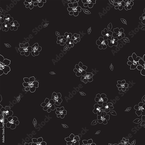 Minimal seamless floral pattern with white outline flowers and leaves on black background for modern fabric ,digital surface print and wallpaper.