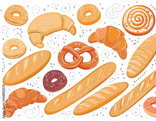 hand drawn bakery pastry products. Rye, wheat and whole grain bread, french baguette, whole wheat loaf, bagel, croissant, toast, pretzel, ciabatta, donut, cookie.cupcake, illustration, set, snack, 