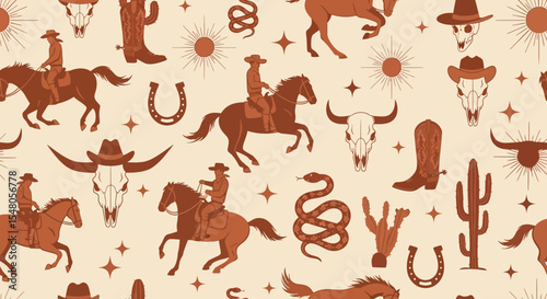 Retro Western Cowboy Seamless Pattern Horses, Cactus, Skulls, and More