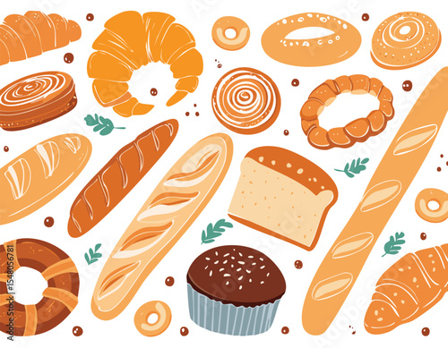 hand drawn bakery pastry products. Rye, wheat and whole grain bread, french baguette, whole wheat loaf, bagel, croissant, toast, pretzel, ciabatta, donut, cookie.cupcake, illustration, set, snack, 