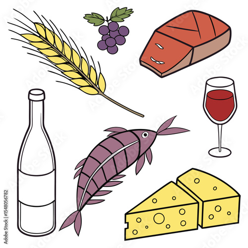 Food cartoon vector icon set. Ear of wheat, milk, meat, fish, cheese, grapes, chocolate, glass of wine
