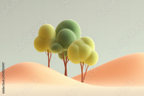 Stylized 3D trees on orange sand dunes, minimalist landscape, pastel color palette, serene and whimsical.
