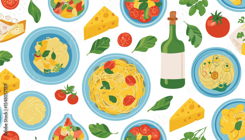 Italian food seamless pattern. Mediterranean lunch and dinner collection. Hand drawn pasta, olive, pizza, cheese, tomato, lemon, wine. doodle, graphic, italian, mediterranean, menu, trendy, drawn, 