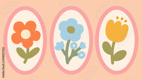 Flat-style floral elements inside soft oval frames with pastel tones. Ideal for greeting cards, spring themes, kids’ designs, wedding invitations, and decorative vintage compositions.