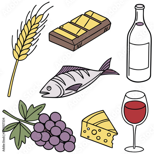 Food cartoon vector icon set. Ear of wheat, milk, meat, fish, cheese, grapes, chocolate, glass of wine
