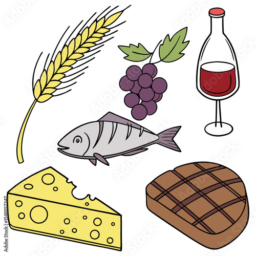 Food cartoon vector icon set. Ear of wheat, milk, meat, fish, cheese, grapes, chocolate, glass of wine
