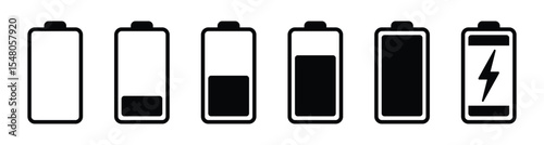 Battery level icon set. Charge status sign collection with empty, low, medium, full and charging symbol. Battery level indicator for app and UI. Transparent PNG and vector illustration.