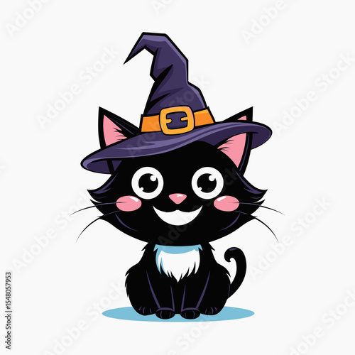 Cute black kitten wearing a Halloween witch hat with a joyful expression, vector illustration
